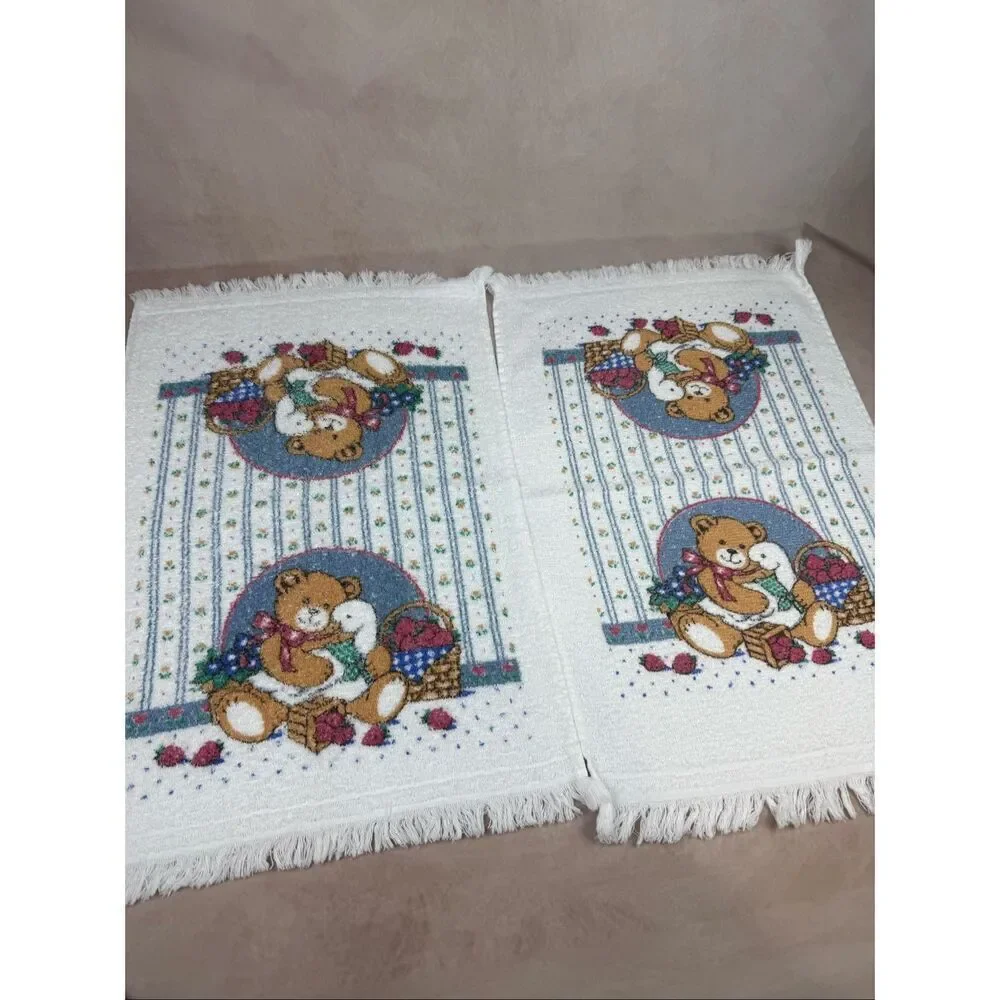 Vintage Bear Goose Hand Towels Set of 2 Cottagecore Hearts